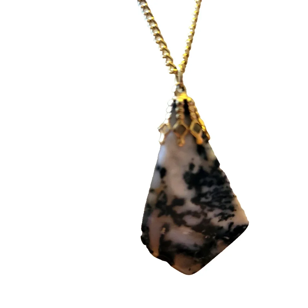 Vtg Estate Black Blue‎ Gemstone Agate Gold Tone Chain Jewelry Necklace Handmade